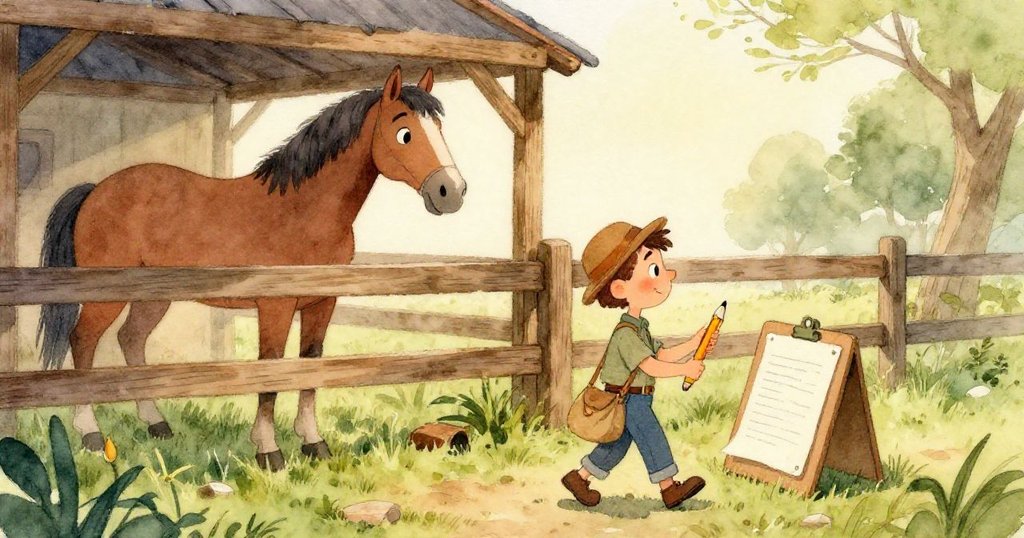 在柵欄後隱秘角落中，馬背上的白紙和甩動的鬃毛呈現出靜謐又驚喜的瞬間，環境和諧而神秘。