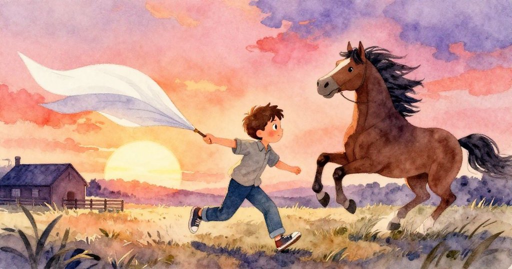 風勢增強下，白紙在空中飛舞，馬甩動鬃毛，Sam急切伸手追趕，畫面動感十足充滿夕陽餘暉。