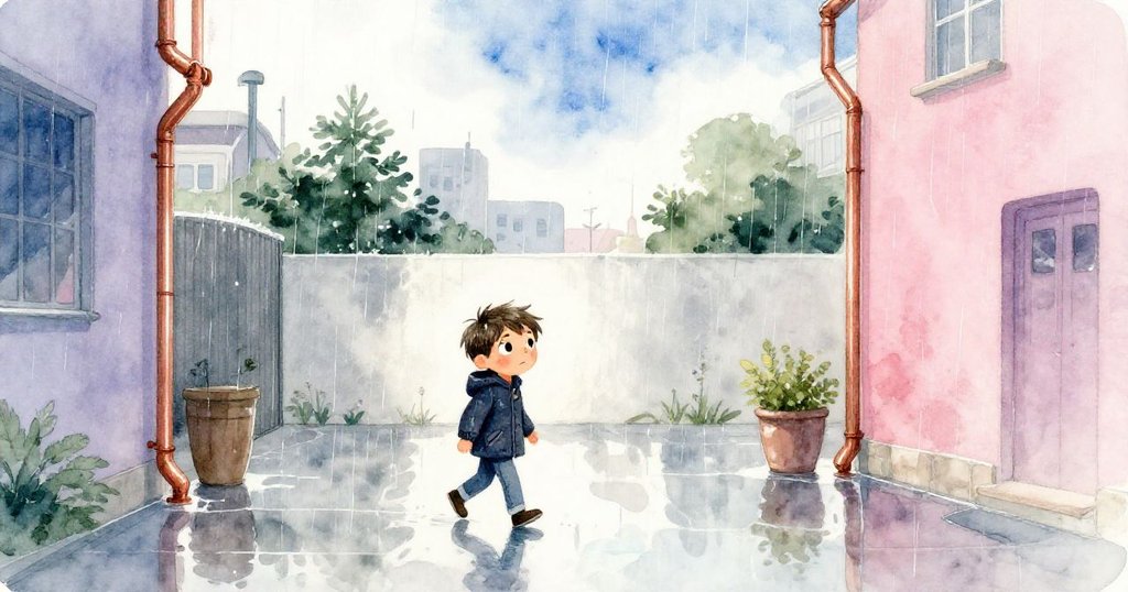 Milo在雨中穿越古老庭院,建築融合現代與歷史風格,雨滴閃爍,神秘氛圍中充滿期待。