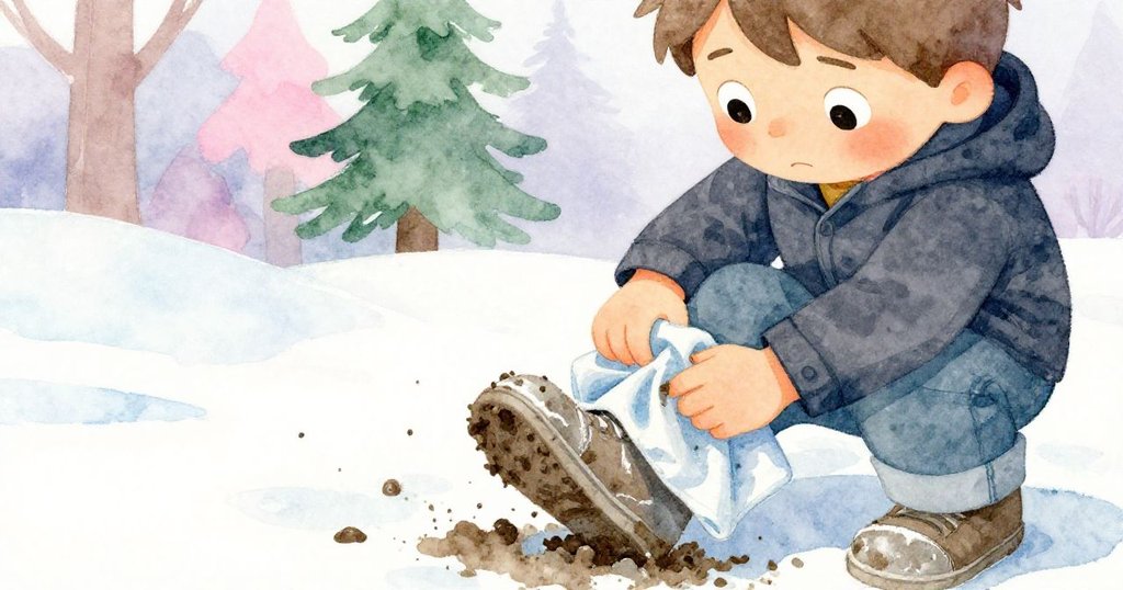 Milo低頭仔細清理黏泥的鞋子,手法細緻,神情專注,雨後庭院邊緣呈現豐富細節。