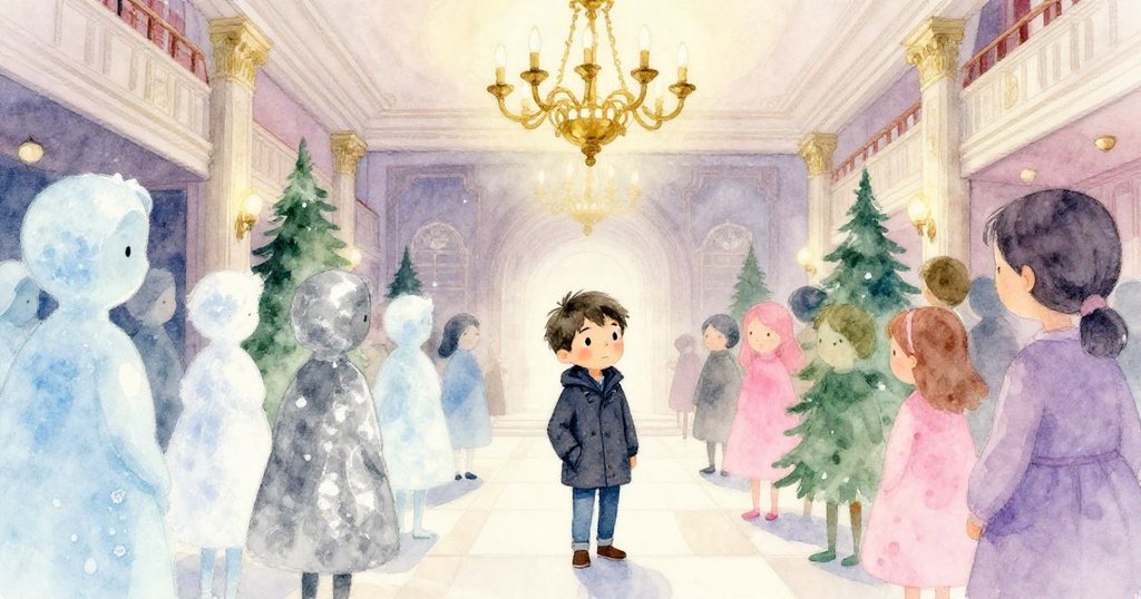 Milo在禮堂忙亂中穿梭,吊燈散出暖光,人群低語交錯,環境融合現代與古典韻味,情緒微妙。