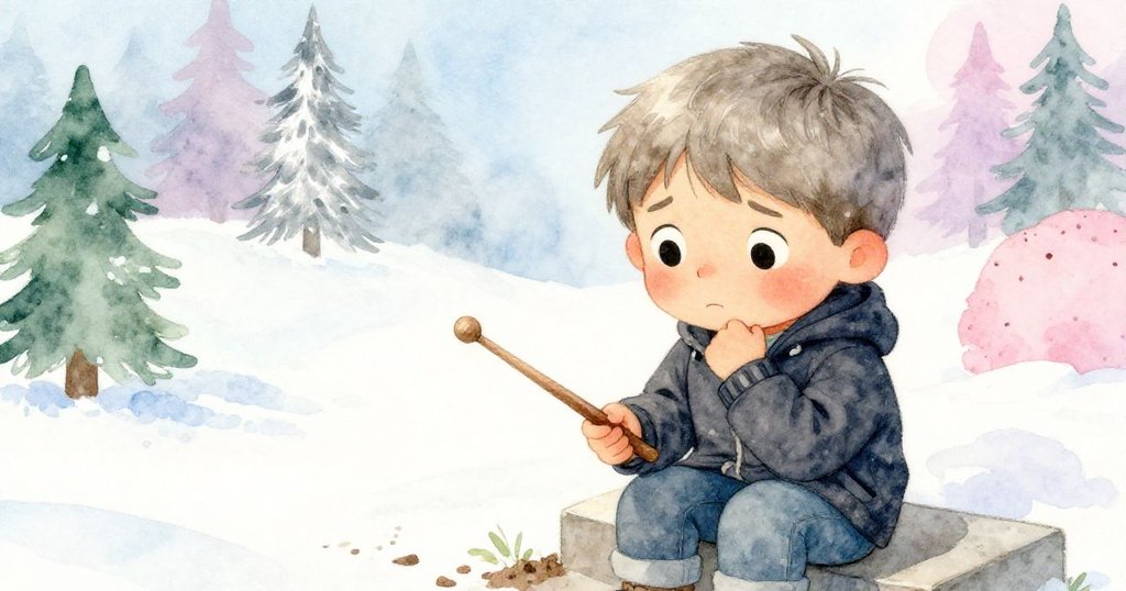 Milo在階梯上凝視著手中木棒,臉上展現掙扎與決心,泥跡與光影交錯,情緒豐富。