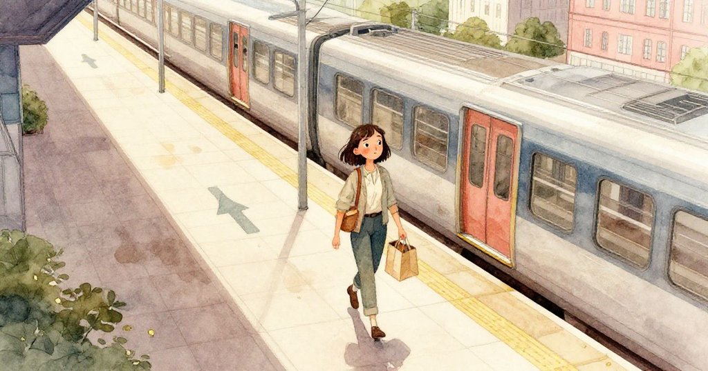 Mara走上高架月台，手臂摟著紙袋，紙袋中隱藏著小木盒，背景為瓷磚地面與雨後水坑，她神情期待，展現城市生活的溫暖光芒。