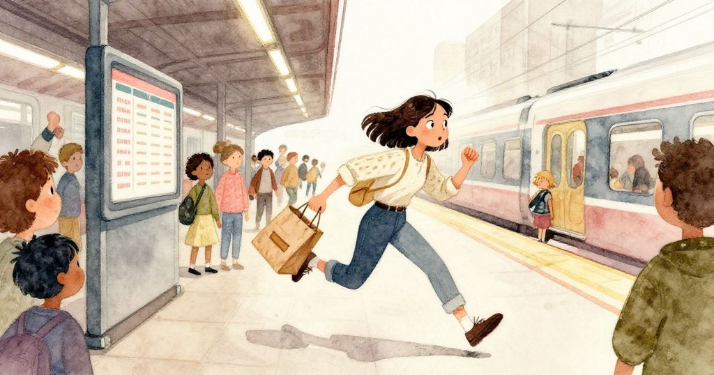 Mara穿越擁擠人群急速奔行，紙袋中木盒滑落於數位時刻表旁，場景透出急迫與混亂的城市氛圍。