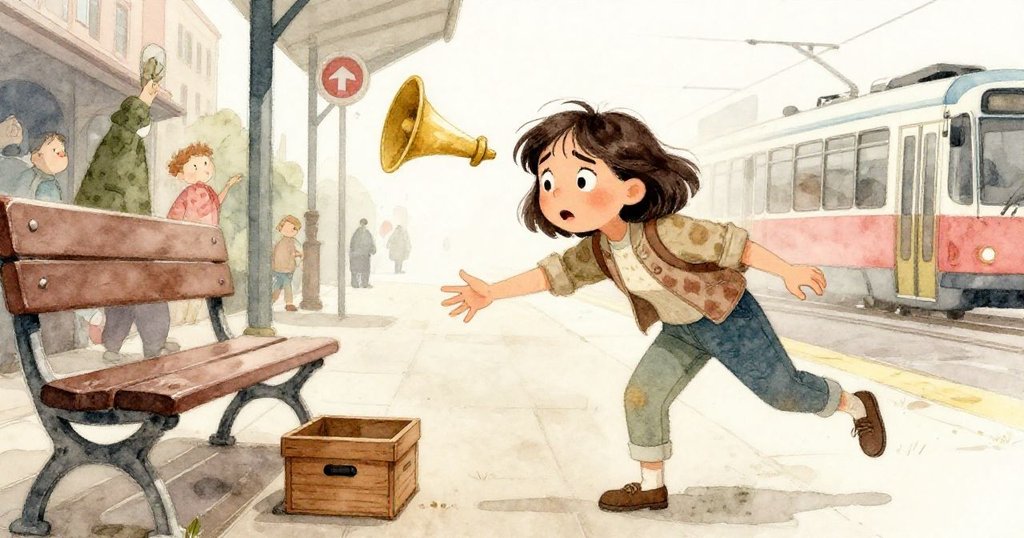 Mara神情焦慮，伸手觸及躲在長椅下的木盒，背景中電車喇叭大響，站台微顫，眾人神情緊張。