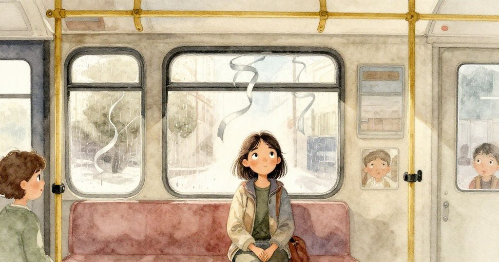 Mara在空曠月台上搭上下一班電車，坐在雨痕斑斑的窗邊靜思，銀色光帶在窗上流動，營造出寧靜放鬆的城市氛圍。