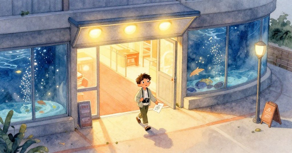 矽拉斯走入寬敞水族館，鳥瞰視角展示璀璨燈光和閃爍水波，現場充滿好奇與期待，背景細節豐富