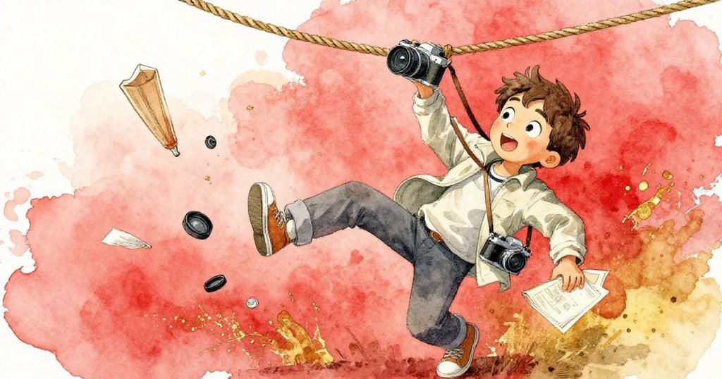 矽拉斯因相機帶勾住繩索而跌步，鏡頭蓋與圖畫本在斜角動態中飛舞，現場充滿意外趣味與活力