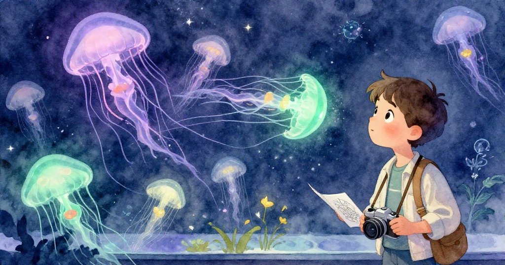 光線熄滅後，矽拉斯靜靜凝視發光水母，夢幻色彩點亮天花板，氛圍神秘美麗充滿溫柔回憶