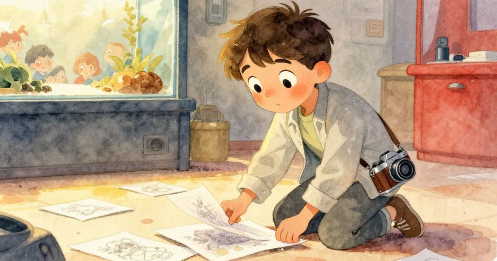 矽拉斯急忙拾起散落圖畫本，面露焦急與堅定神情，室內光影溫暖背景隱約傳來解說聲音