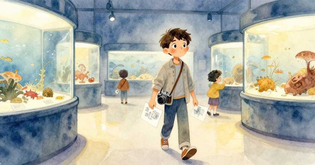 矽拉斯重新整理步伐，手持相機與圖畫本向下一展館走去，光線恢復明亮，展現堅定決心與希望