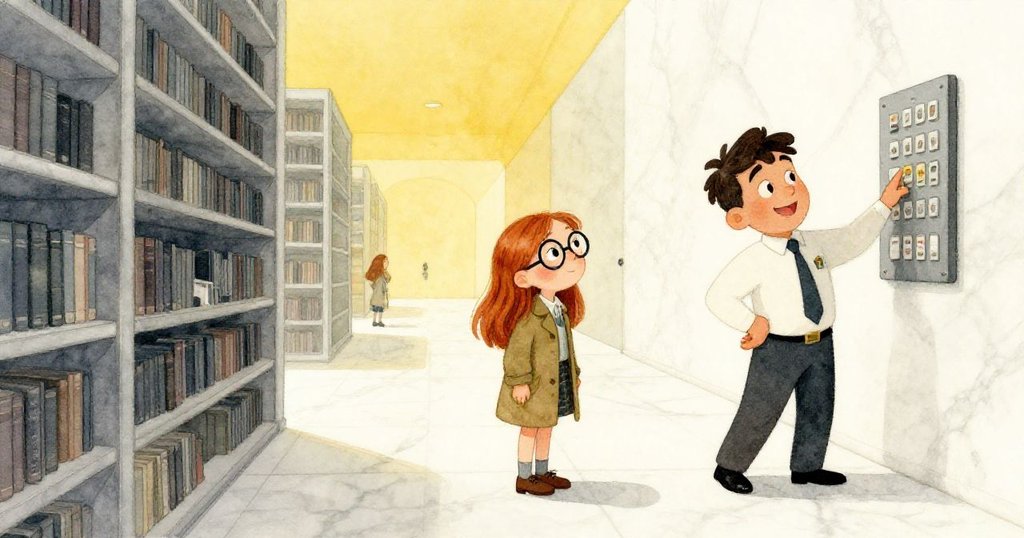 瑪芙在市政檔案館大廳等待,背景傾斜展示神秘氣氛,櫃檯職員快速敲打密碼板,露出充滿期待與謹慎的表情。