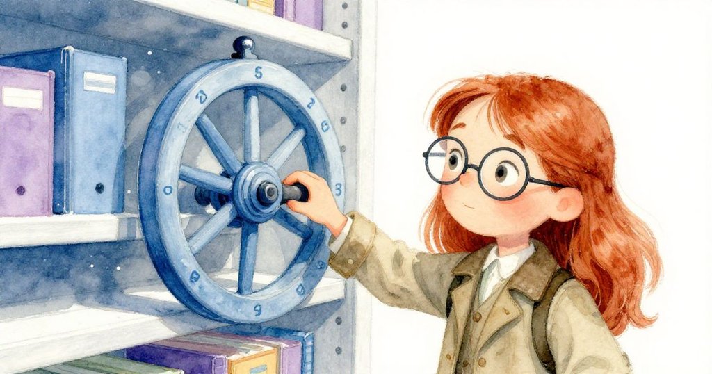 瑪芙專注握持轉動書架輪,手部特寫呈現微妙堅持與周圍飛揚塵埃,情節漸進中探索神秘紀錄。