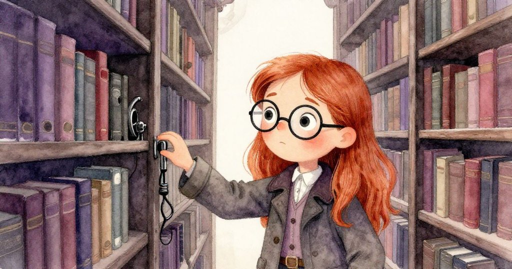 以小生物視角觀察瑪芙與轉動的書架輪,狹窄通道中陳設古老物品,透出神秘與互動的歷史氛圍。