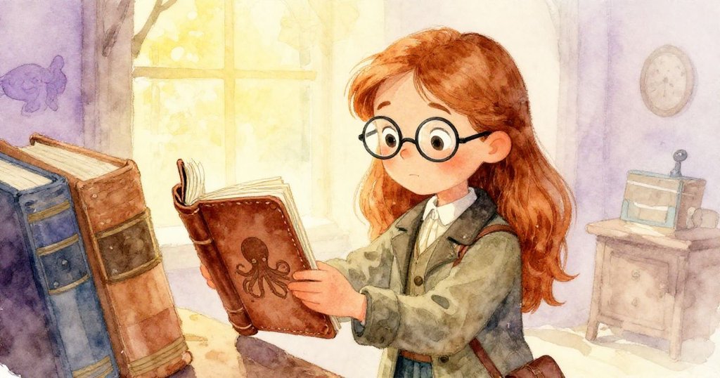 書架後發現舊賬簿浮現昔日記錄,顯露舊時航海探險場景,記憶色彩交錯溫柔,瑪芙專注尋找真相。