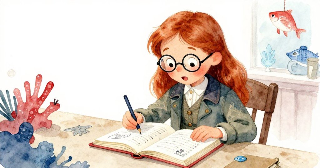 瑪芙驚喜發現隱藏圖層的舊賬簿,書頁展現歷史與航海探險秘密,神情專注充滿期待,揭開神秘面紗。