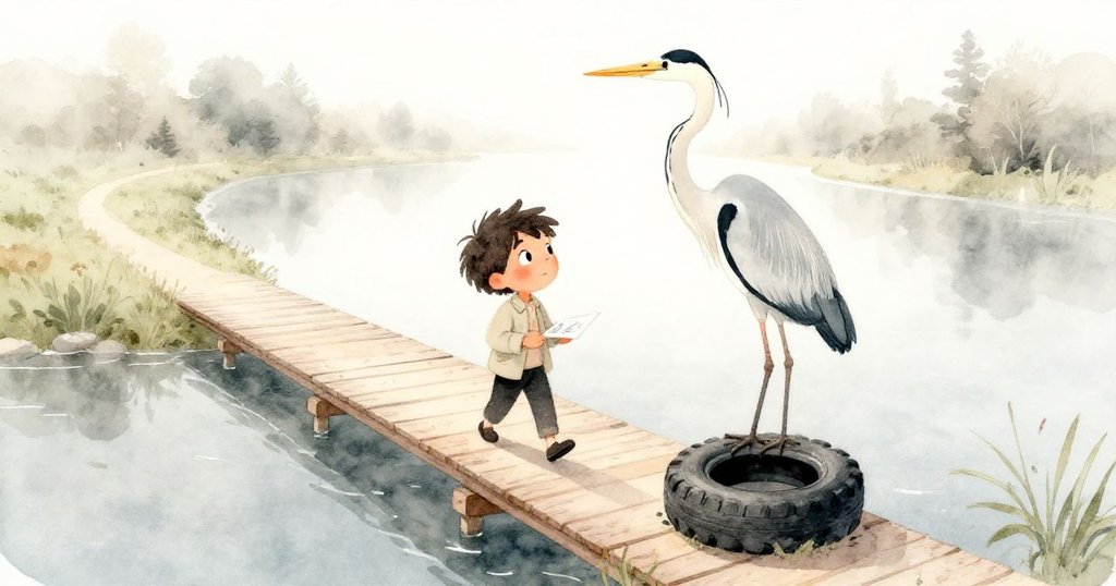 Maurice站在狹窄橋上認真作畫，背景晨霧中有一隻高雅大鷺立於老舊輪胎上，城市輪廓朦朧柔和。