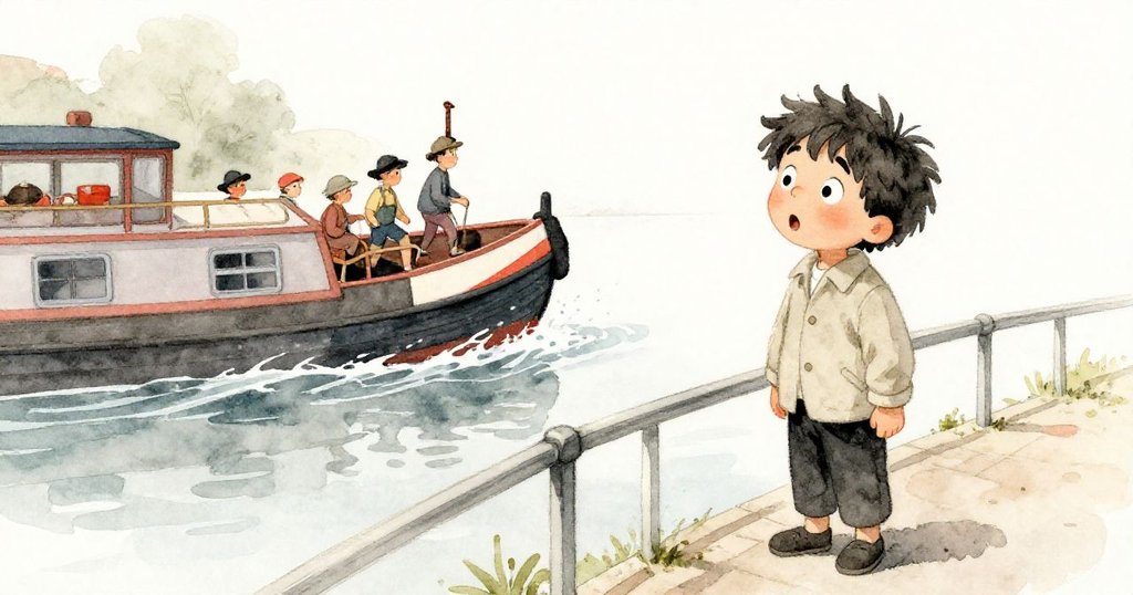 Maurice驚訝抬頭望向前方，運轉中的駁船伴隨水花及遠處鐘聲，晨光漸變帶出時光流轉感。