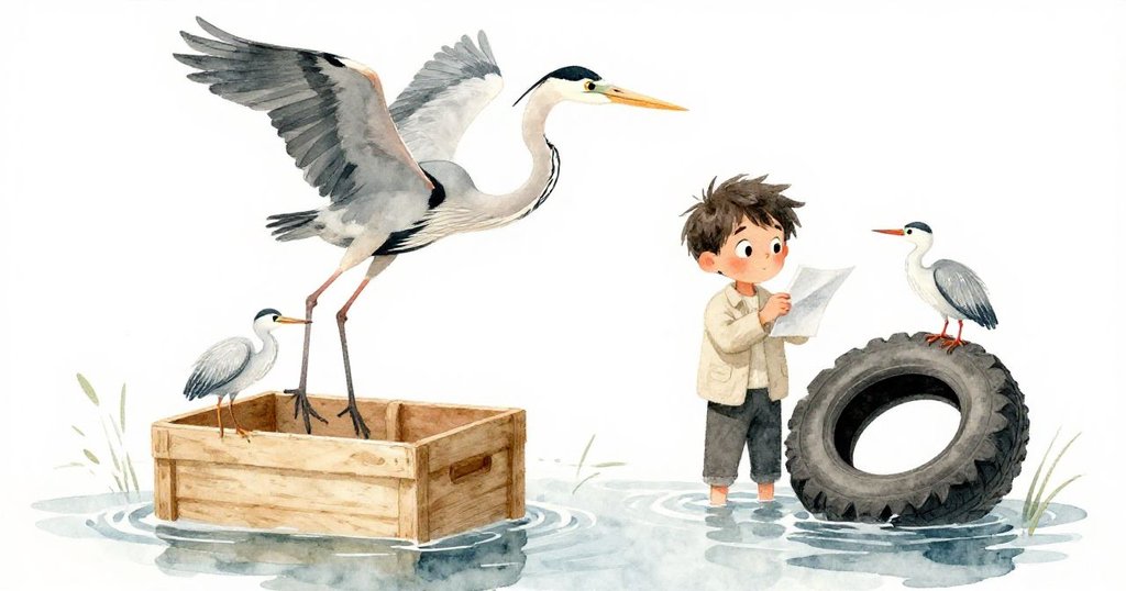 因木箱甩入水中引起水花，鷺鳥分崩離析：大鷺驚飛，小鷺果斷接替，Maurice不斷重繪記錄動態瞬間。