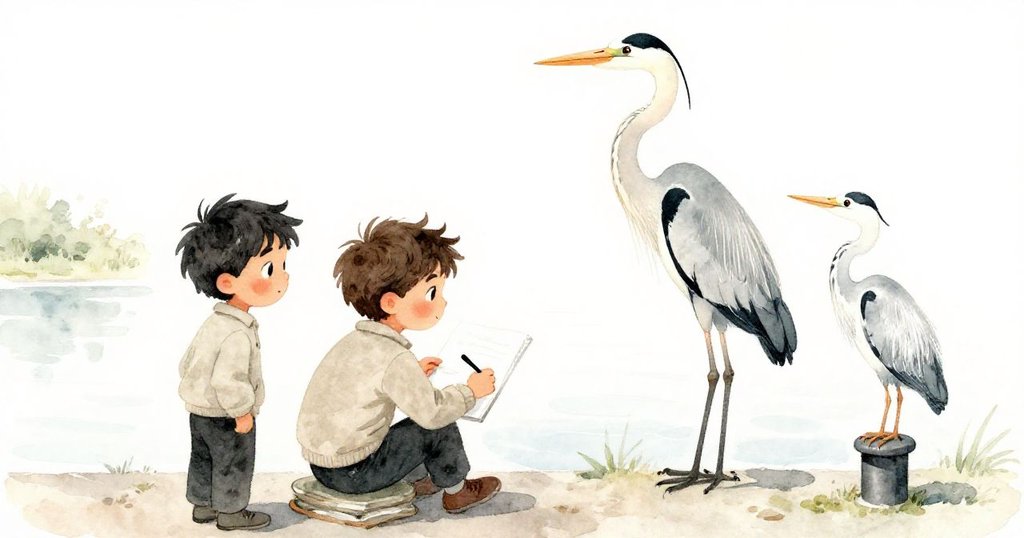 Maurice平靜坐回橋上繼續作畫，兩隻鷺鳥分別停留在欄杆與近處，晨光溫柔融和昨日波折結局。