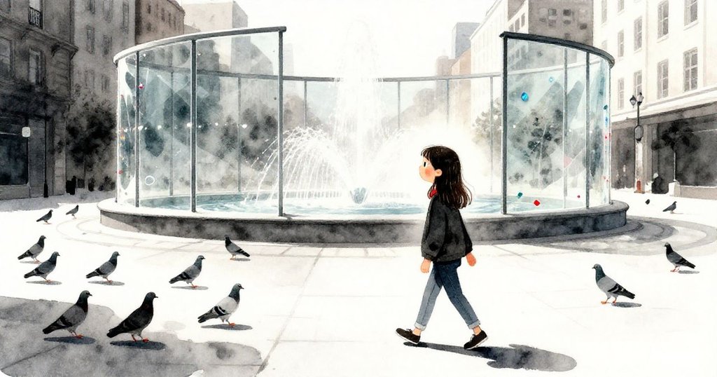 馬里斯走過鋪滿石板的廣場，玻璃面板緩轉出斑斕光影，鴿子停下翅膀，街景充滿神秘期待。