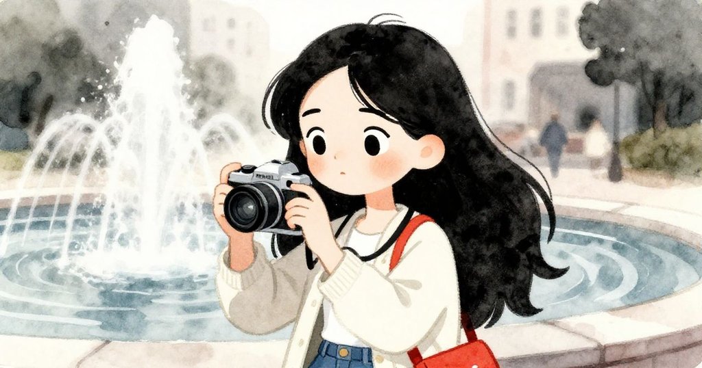 馬里斯舉起相機，雙眼閃爍著專注與驚喜，捕捉光與水融合瞬間，情緒充滿期待與熱忱。