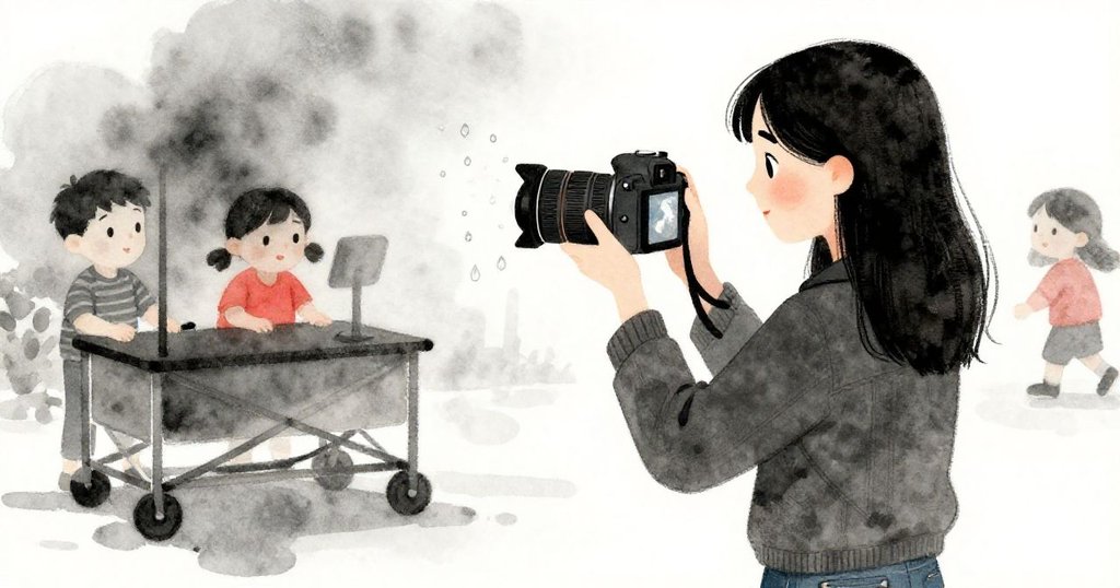 從馬里斯後方觀看，她正仔細檢查相機上的水珠閃爍畫面，背景中有椅子推車輕微碰撞，充滿動態。