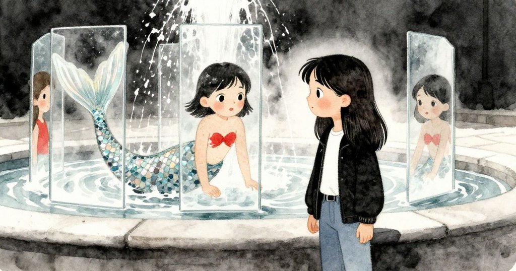 玻璃面板排列產生詭譎幾何，噴泉中短暫顯現人魚馬賽克，鱗片與水珠交織出魔幻光芒，讓人驚嘆。