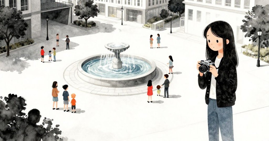 噴泉景致漸歸平靜，廣場上人群逐漸熱絡起來，馬里斯放下相機，臉上滿是平靜與滿足，結尾安寧溫馨。