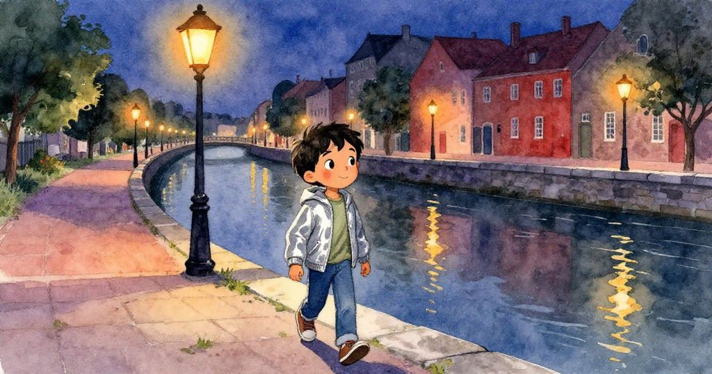 萊昂內爾走向運河，街燈剛點亮，昏黃光芒映照在波光粼粼的石岸上，充滿期待與寧靜氣息。