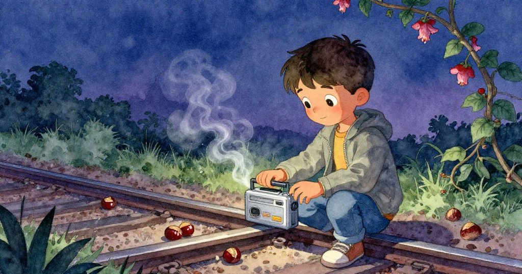 萊昂內爾小心地將錄音機放在雕花欄杆上，背景留白襯托出烤栗子香和深夜藤蔓，神情專注而平靜。