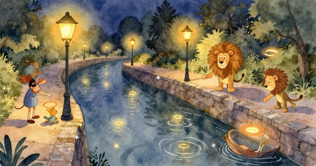 在柔和夜色中，黃銅三重奏調音、單車鈴響與鴿子飛舞交織出豐富層次，萊昂內爾靜觀其中，氛圍生動迷人。