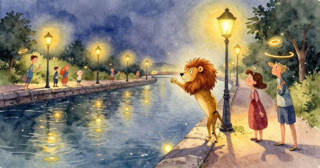 從高處俯瞰，狹窄小徑上人潮湧動，青少年吉他手與推車穿梭其中，街景細膩呈現繁忙城市暮色。