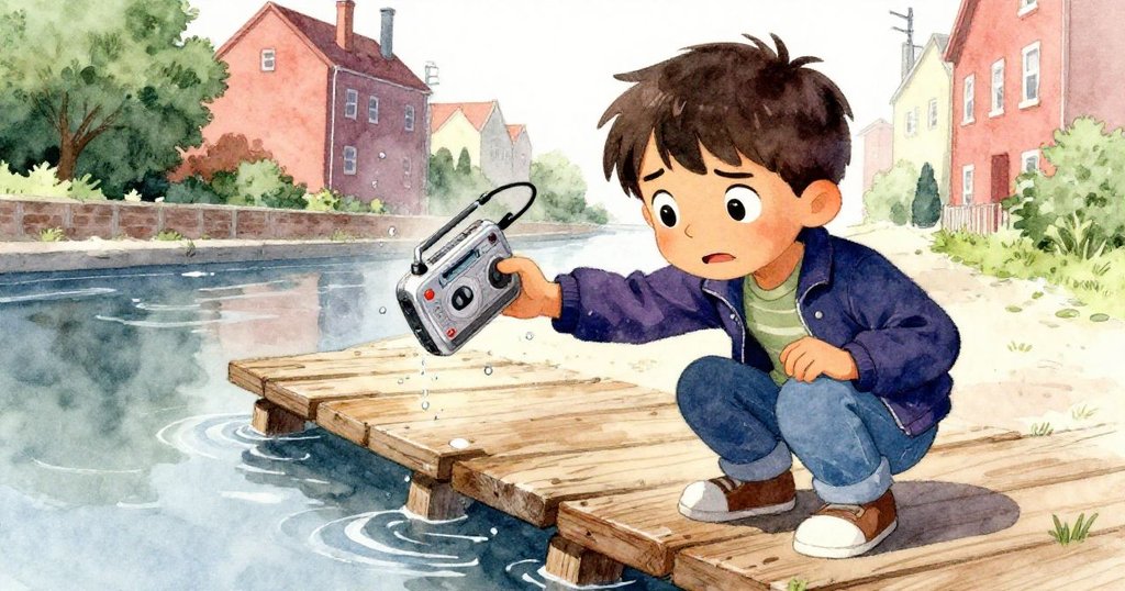 萊昂內爾急切地蹲下在濕滑木板上撿取掉落的錄音機，臉上緊張與堅定交織，水花四濺中顯現生動瞬間。