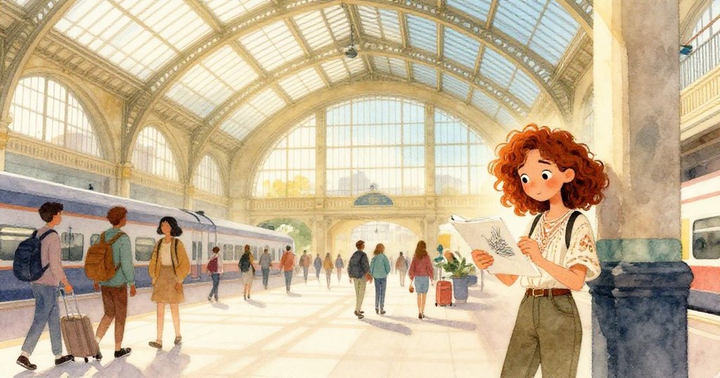 Avery在明亮車站中坐於柱旁畫素描，拱形玻璃灑下金光，背景忙碌人群展現都市晨光活力情景。