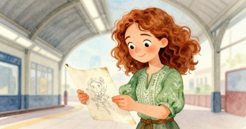 Avery專注凝視手中素描本，眼中映出拱形屋頂光影，表情充滿創作專注與喜悅。