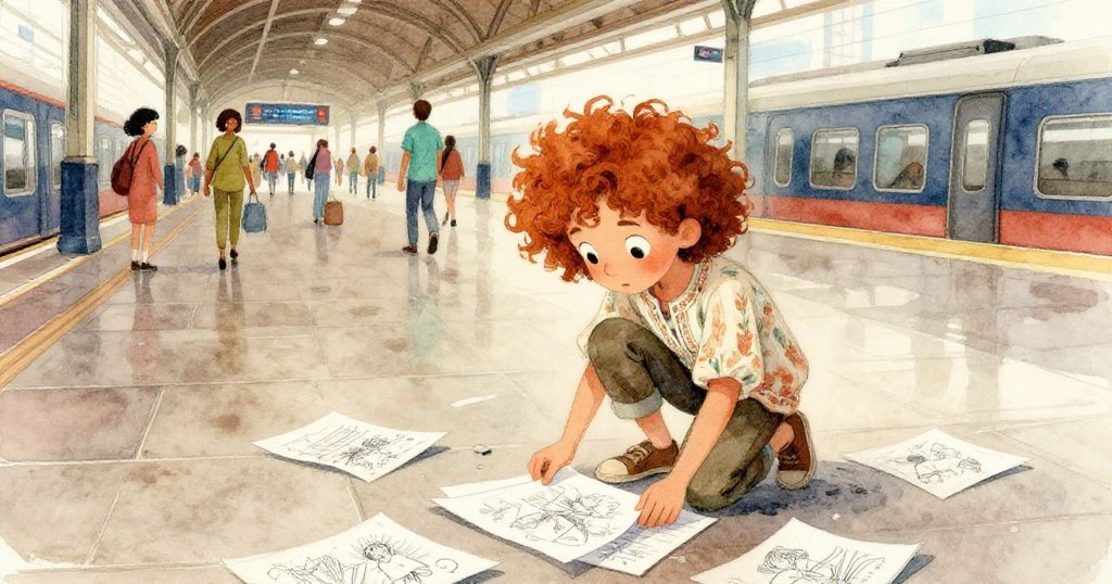 Avery蹲在光滑車站瓷磚上急忙撿起被風吹散的畫稿，神情既焦急又堅定，展現都市意外瞬間。