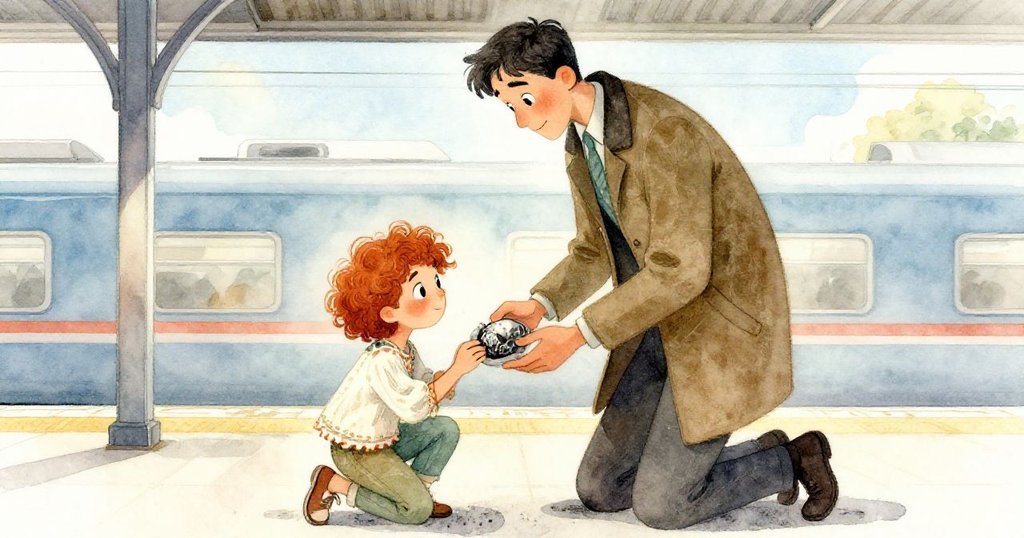 Avery與高個旅客在繁忙車站中肩膀輕碰共賞貝殼，眼神流露驚喜與細膩互動，情景溫馨動人。