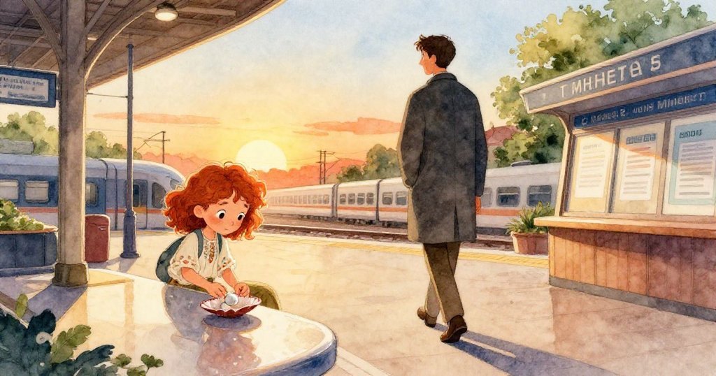 夕陽餘暉中，Avery將藏珍珠貝殼輕放於素描本上，與旅客同行走向詢問處，溫暖光影映出寧靜解決情景。