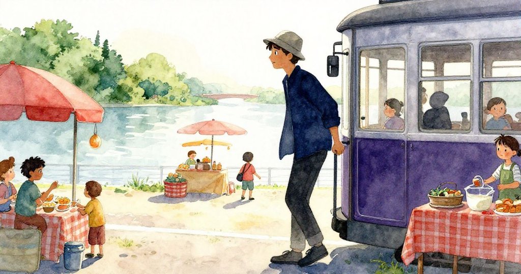 凱在清晨市場，擺弄著相機，正從電車下車，背景充滿晨光與鮮花，神情專注充滿期待。