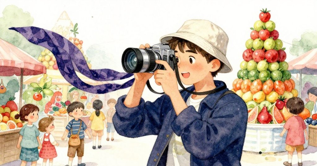 凱在果品攤前凝視相機取景器，發現輕風吹散懸掛的圍巾，充滿失落與期待的眼神。