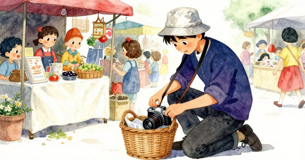 凱盤坐在市場間，背對視角，專注解開纏結的相機帶與柳條籃子，動作細緻充滿毅力。