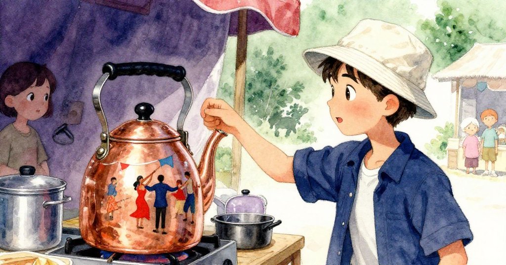 凱走經廚具攤位，銅壺映出舞者與彩旗的幻影，現實與記憶交錯，光線溫暖絢爛。