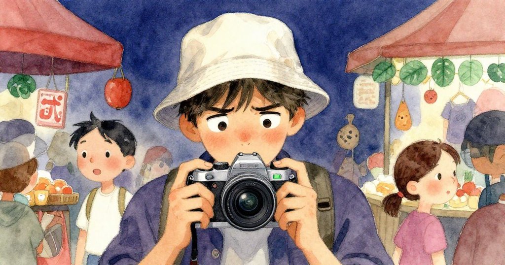 凱面對相機電量警告，眉頭緊鎖，表情充滿矛盾與決心，在繁忙市場中奮力捕捉瞬間。