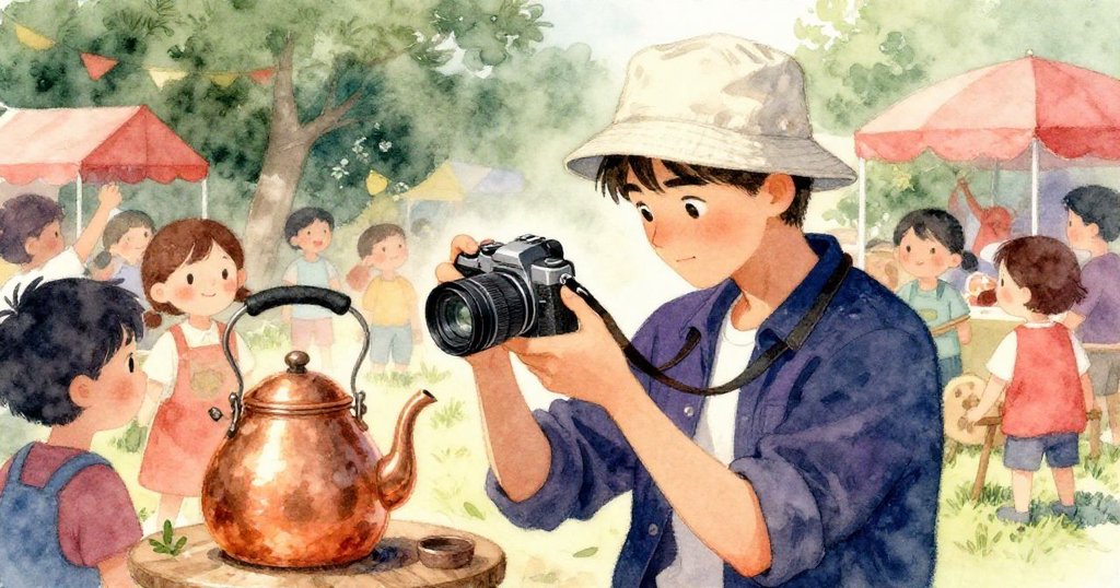 凱在市場中靜靜檢視最後拍攝的照片，背景中節慶熙攘，銅壺在午後光影內靜默告別。