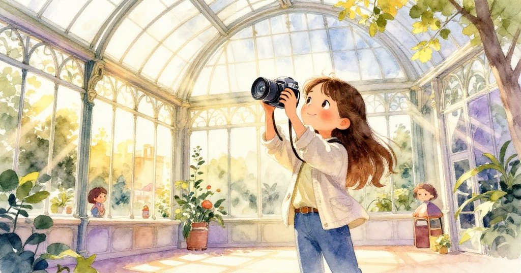 米拉在傍晚金光灑落的玻璃溫室中舉相機捕捉飛舞蝴蝶，眼神專注，展現探索新奇旅程的開端。