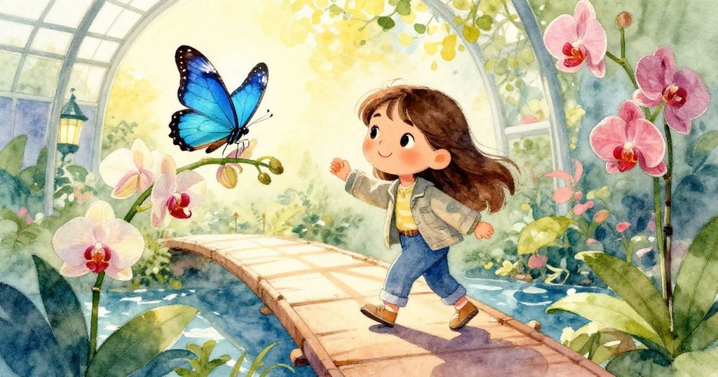 米拉在玻璃溫室內狹窄橋上前傾拍攝藍色蝴蝶，陽光與陰影交錯，蘭花與蕨葉鮮豔映襯，眼神專注充滿探索。