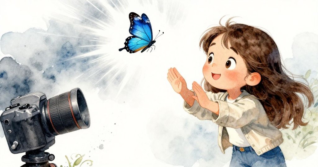 米拉因相機甩動而露出驚愕神情，一旁藍色蝴蝶急飛上空，橋邊光影明暗對比強烈，呈現轉折與緊張瞬間。
