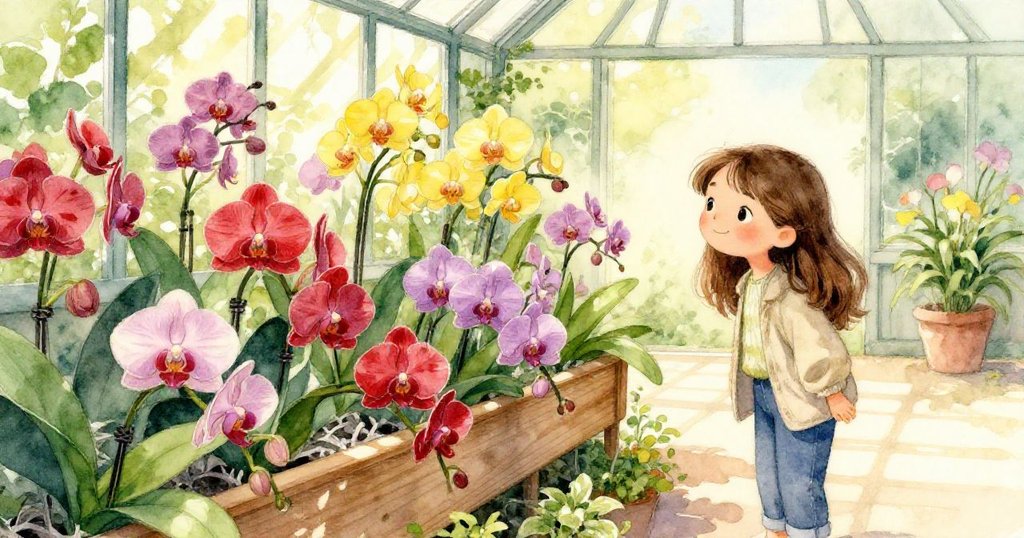 米拉在溫室內欣賞盛放蘭花與木槽上散落花瓣，陽光斑駁映襯著綠意盎然植物，展現自然豐盛與溫柔欣賞。