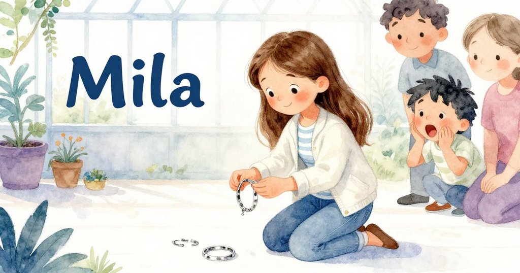 米拉在溫室內拾起閃光銀手鍊，孩童驚呼、家長關切湊來，場景充滿真摯互動與溫馨分享。